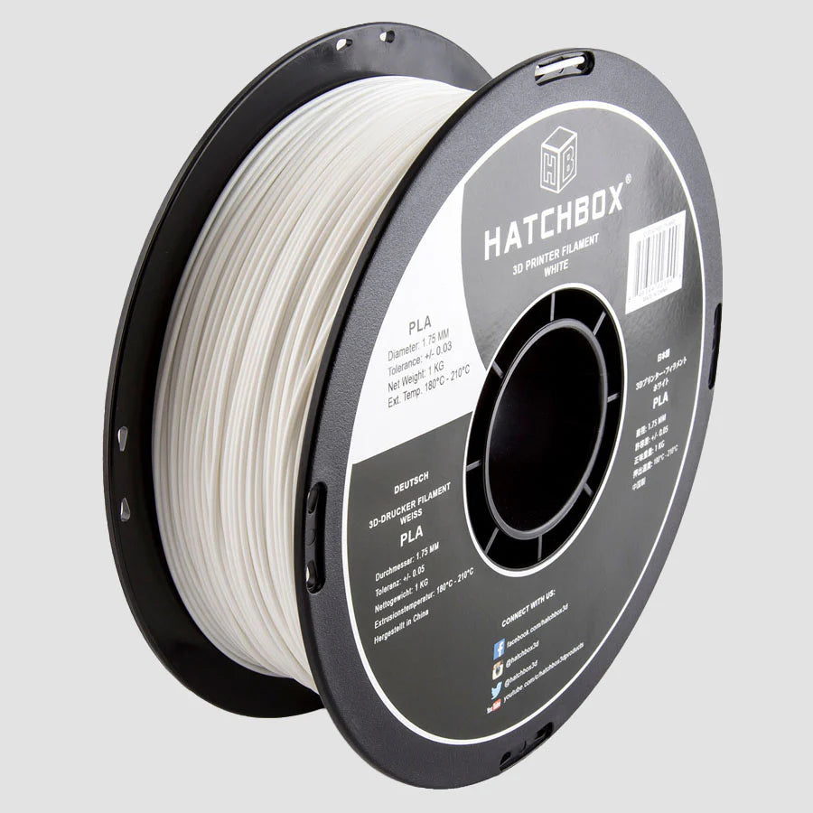 Hatchbox PLA 3D printer filament spool, white PLA roll on reel