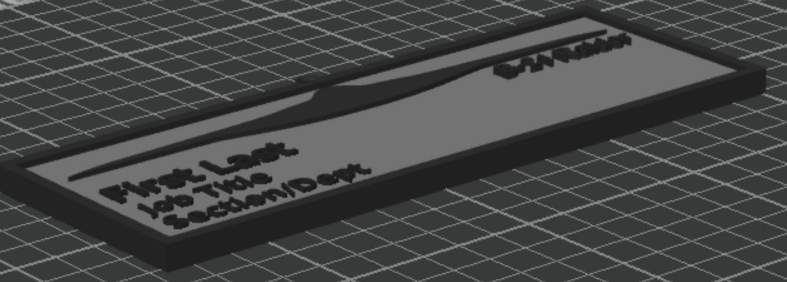 Gray name plate with raised border and printed name field, angled