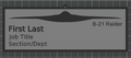 Gray name plate with raised frame, header text fields, top hanging loop